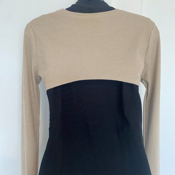 NWT Grey Lab Beige Tan Cropped Crewneck Ribbed Shrug Long-Sleeve Top Size Small - Picture 3 of 6